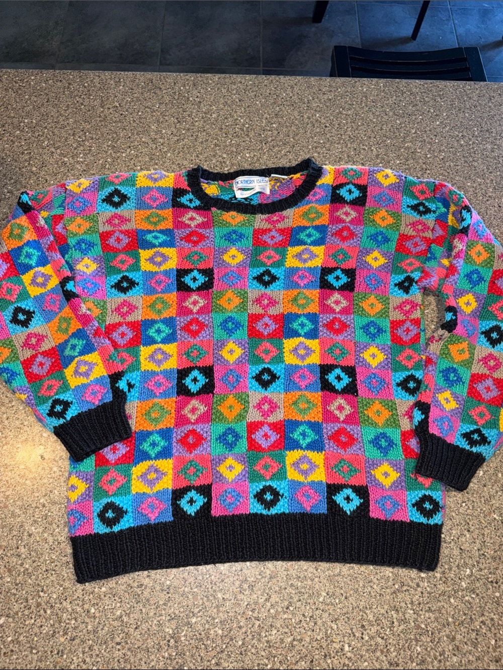 Northern Isles Vintage Hand Knit Multicolor Diamond Pattern Crewneck Sweater